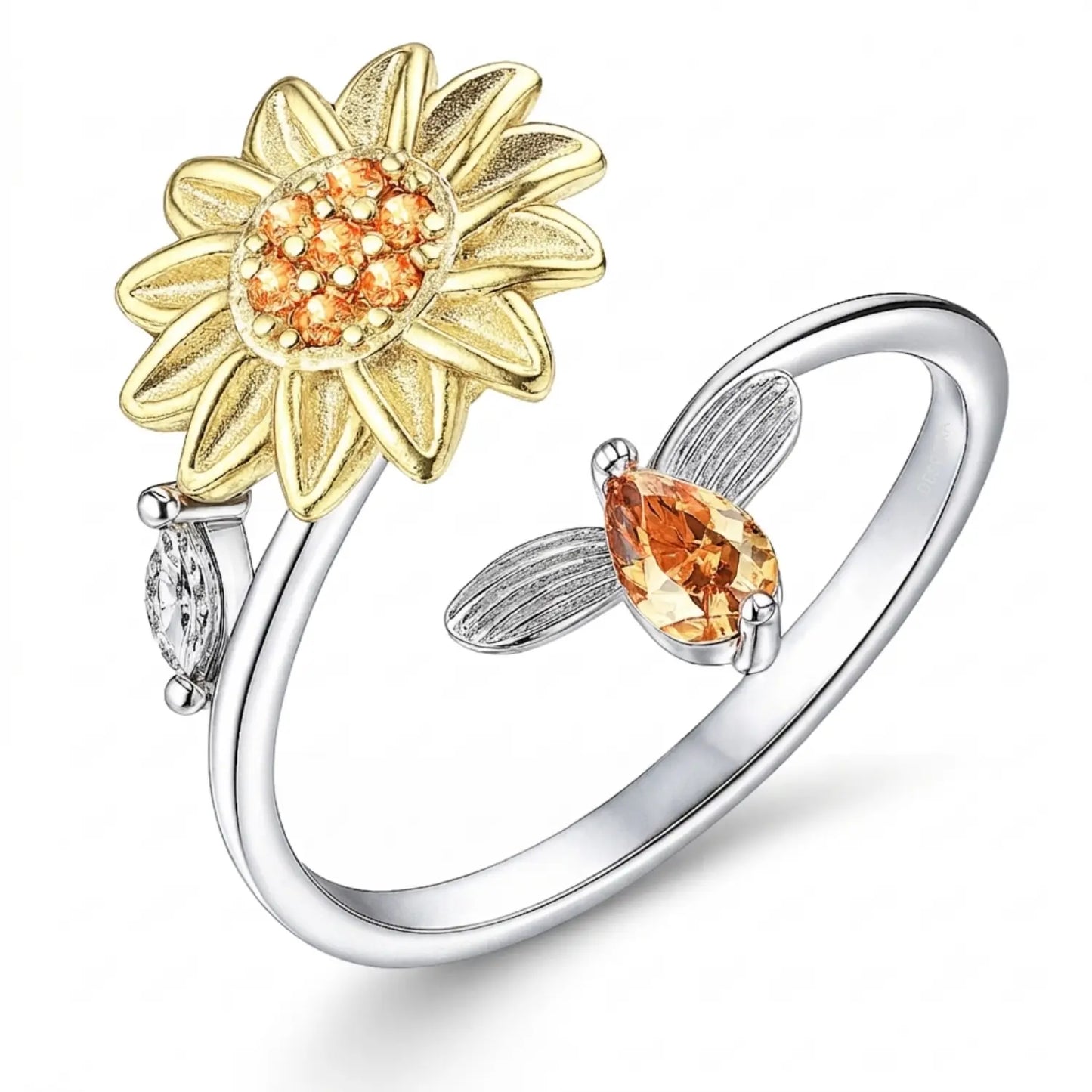 Anxiety Ring (Draairing Zonnebloem en Bij) Zilver plated koper